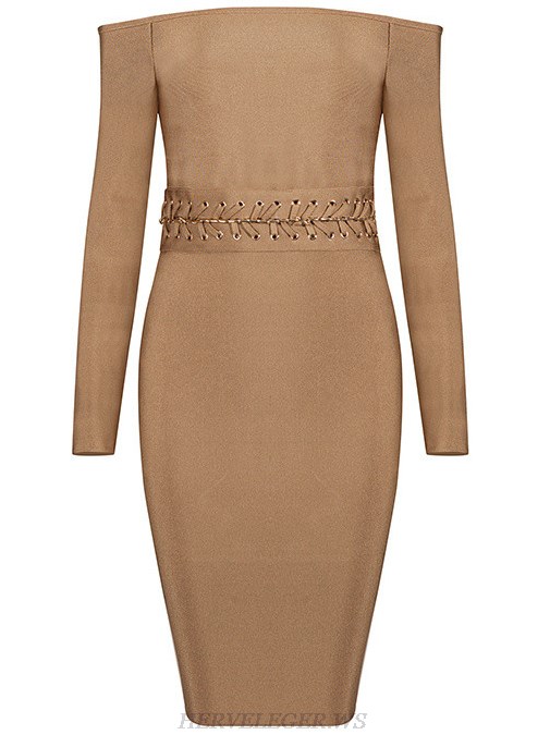 Herve Leger Brown Long Sleeve Bardot Dress