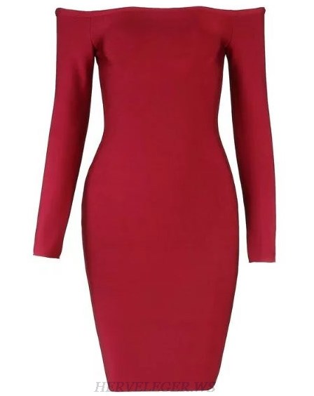 Herve Leger Burgundy Long Sleeve Bardot Dress