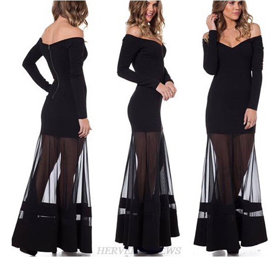 Herve Leger Black Long Sleeve Bardot Evening Gown