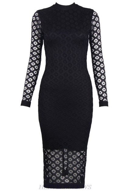 Herve Leger Black Long Sleeve Crochet Dress