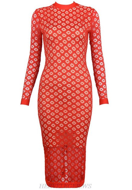Herve Leger Red Long Sleeve Crochet Dress