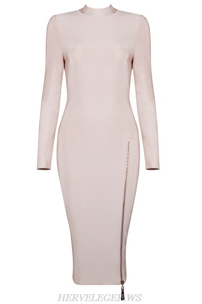 Herve Leger Nude Long Sleeve Front Zipper Dress