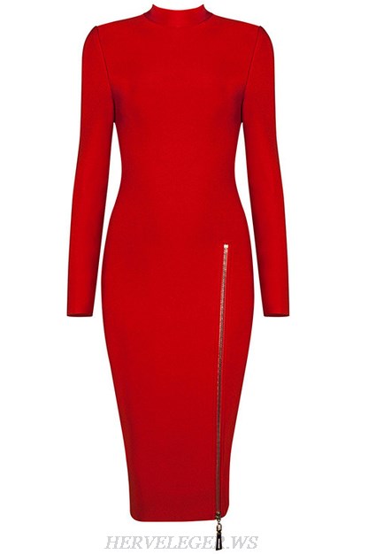 Herve Leger Red Long Sleeve Front Zipper Dress
