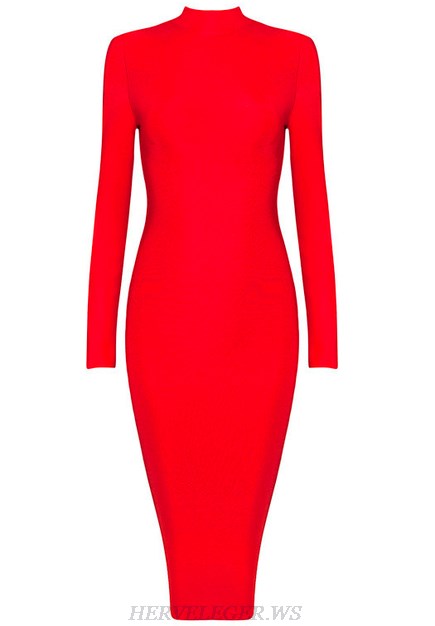 Herve Leger Red Long Sleeve High Neck Dress