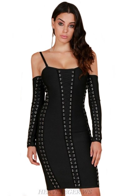 Herve Leger Black Long Sleeve Lace Up Detail Dress