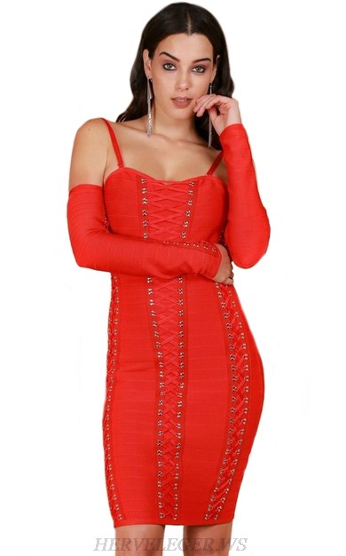 Herve Leger Red Long Sleeve Lace Up Detail Dress