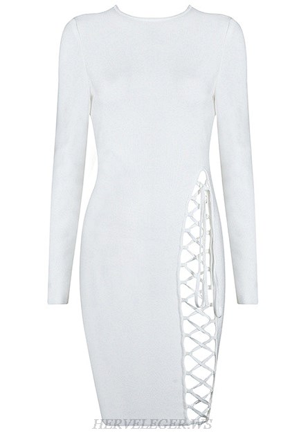 Herve Leger White Long Sleeve Lace Up Detail Dress