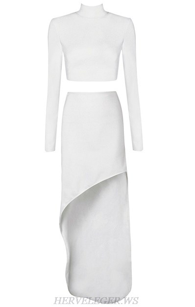Herve Leger White Long Sleeve Slit Two Piece Gown