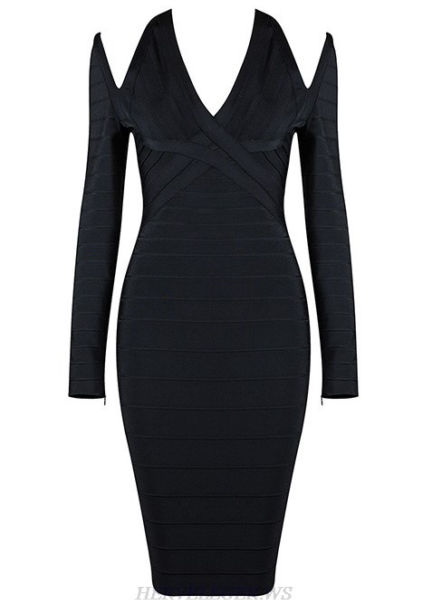 Herve Leger Black V Neck Long Sleeve Dress
