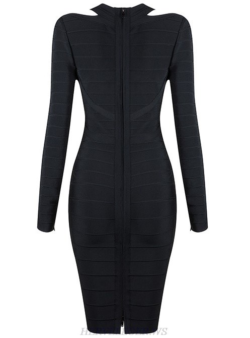 Herve Leger Black V Neck Long Sleeve Dress