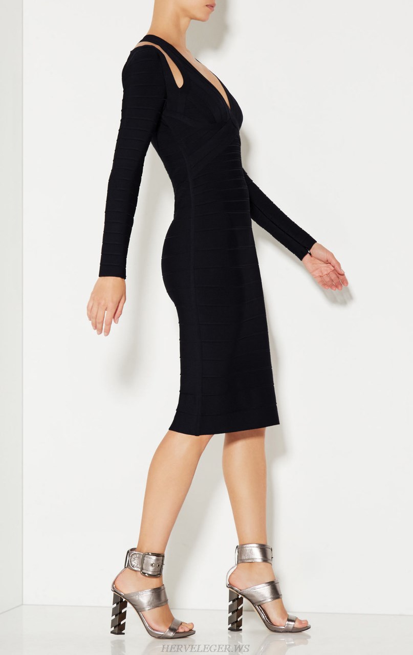 Herve Leger Black V Neck Long Sleeve Dress