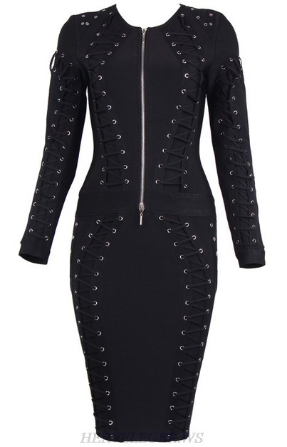 Herve Leger Black Long Sleeve Multi Lace Up Dress