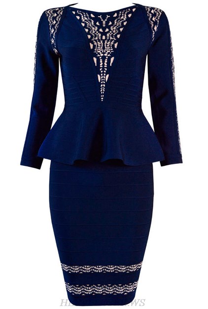 Herve Leger Blue Long Sleeve Peplum Dress