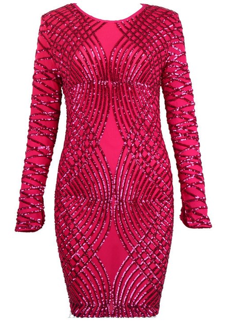 Herve Leger Red Long Sleeve Sequined Dress