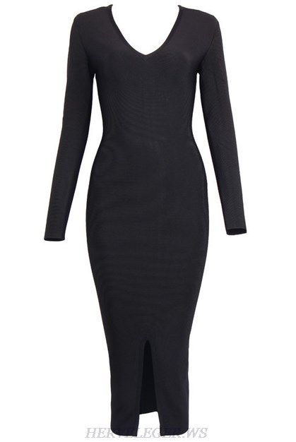 Herve Leger Black V Neck Long Sleeve Slit Dress