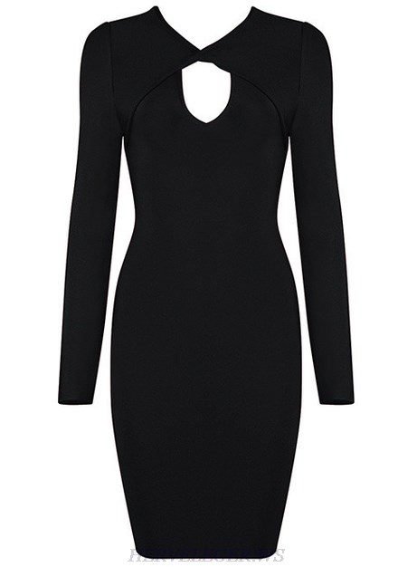 Herve Leger Black Long Sleeve Twist Neck Dress