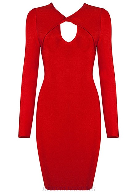 Herve Leger Red Long Sleeve Twist Neck Dress Herve Leger Red Long Sleeve Twist Neck Dress