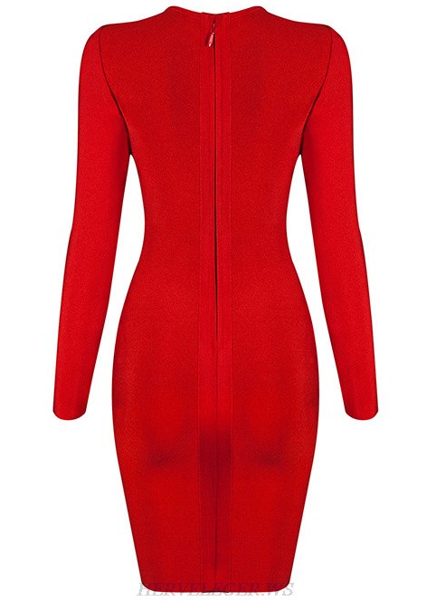 Herve Leger Red Long Sleeve Twist Neck Dress