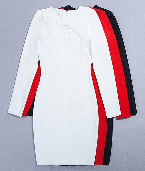 Herve Leger Red Long Sleeve Twist Neck Dress