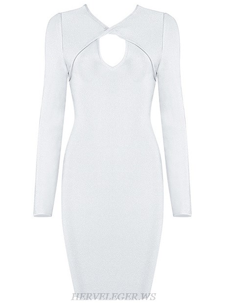 Herve Leger White Long Sleeve Twist Neck Dress Herve Leger White Long Sleeve Twist Neck Dress