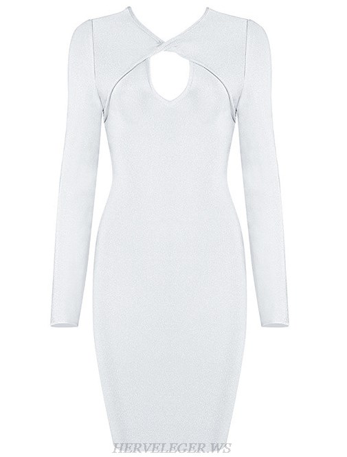 Herve Leger White Long Sleeve Twist Neck Dress