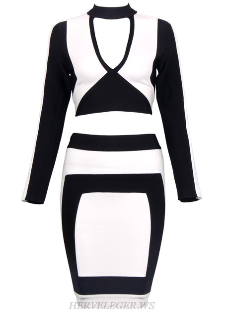 Herve Leger Black And White Long Sleeve Two Piece Dress