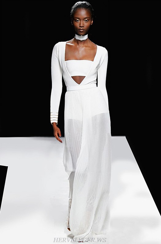 Herve Leger White V Neck Long Sleeve Two Piece Evening Dress