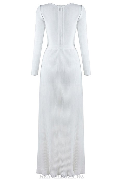 Herve Leger White V Neck Long Sleeve Two Piece Evening Dress