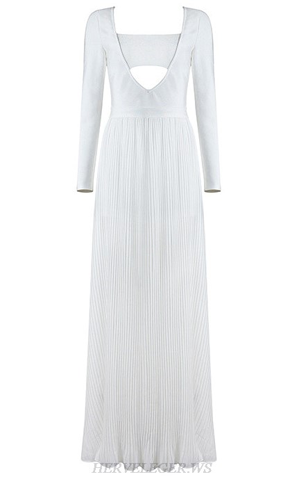 Herve Leger White V Neck Long Sleeve Two Piece Evening Dress