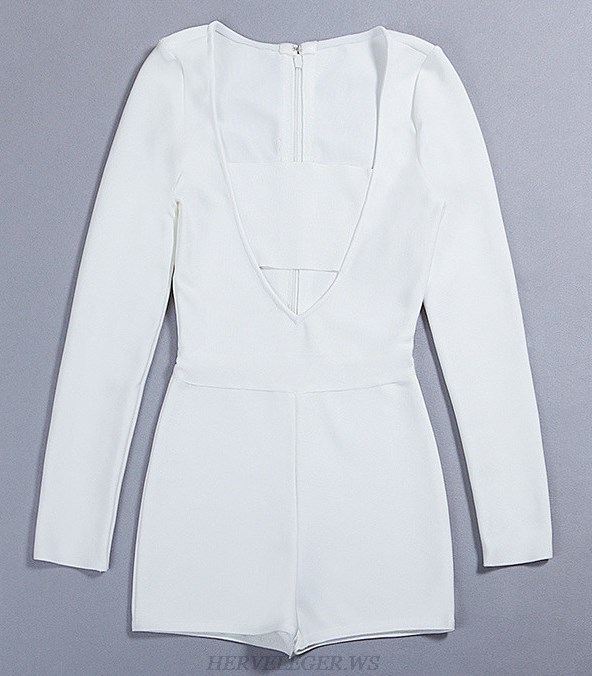 Herve Leger White V Neck Long Sleeve Two Piece Evening Dress