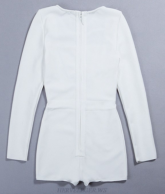 Herve Leger White V Neck Long Sleeve Two Piece Evening Dress