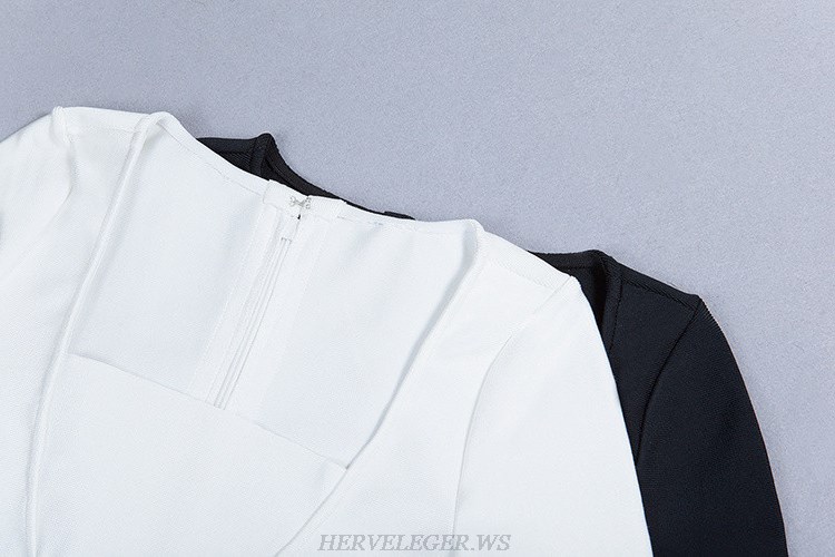 Herve Leger White V Neck Long Sleeve Two Piece Evening Dress