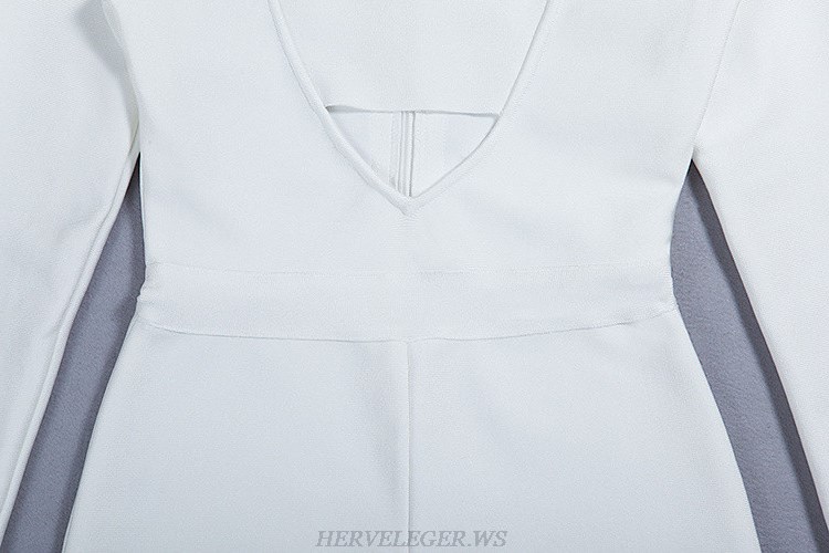 Herve Leger White V Neck Long Sleeve Two Piece Evening Dress