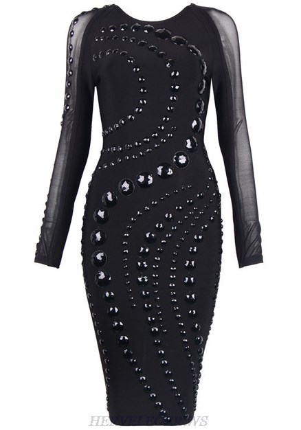 Herve Leger Black Mesh Long Sleeve Embellished Dress