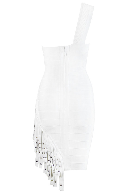 Herve Leger White One Shoulder Fringe Dress