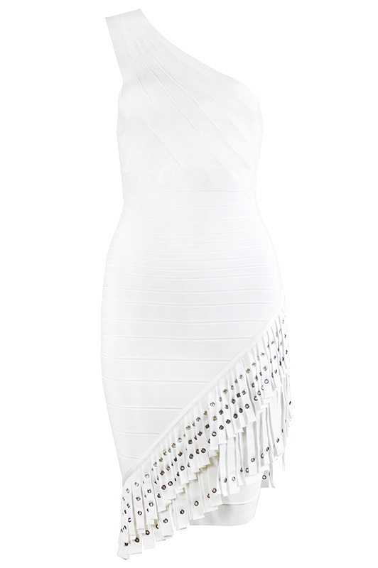 Herve Leger White One Shoulder Fringe Dress