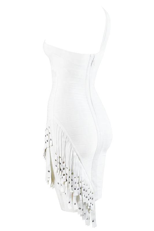 Herve Leger White One Shoulder Fringe Dress