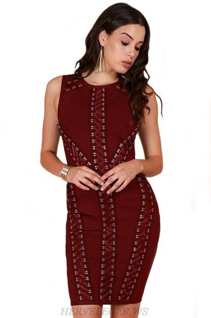 Herve Leger Burgundy Ribbon Lace Up Dress