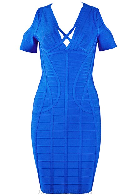 Herve Leger Blue Short Sleeve Cold Shoulder Dress