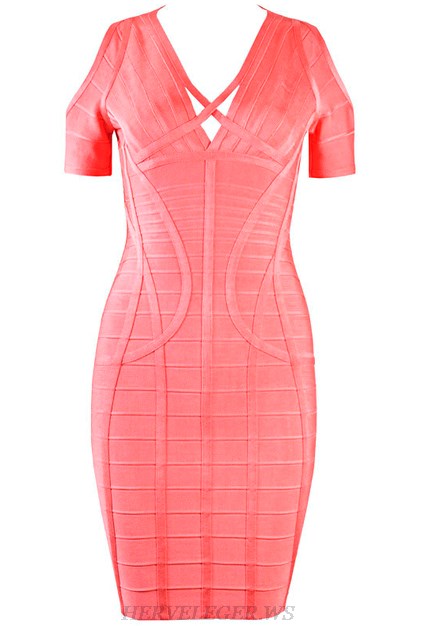 Herve Leger Coral Short Sleeve Cold Shoulder Dress