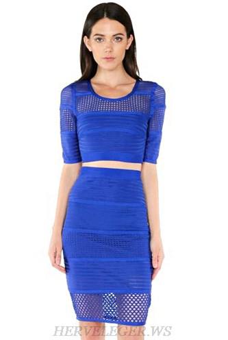 Herve Leger Blue Short Sleeve Crochet Insert Two Piece Dress