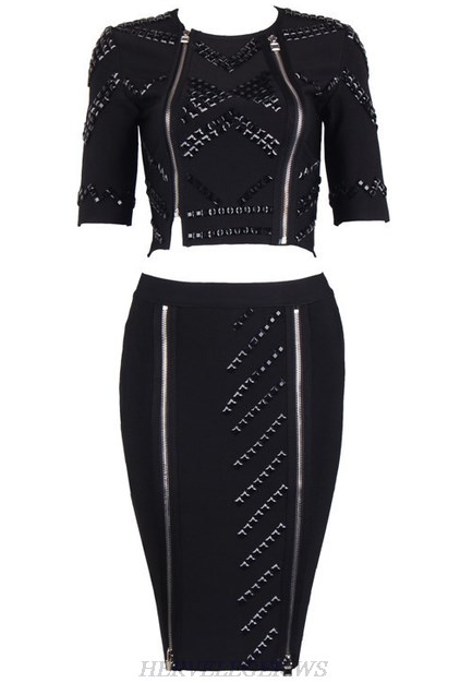 Herve Leger Black Short Sleeve Embellished Two Piece Dress