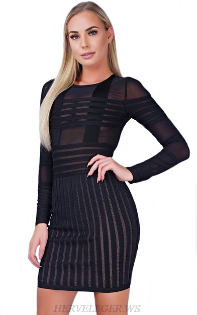 Herve Leger Black Striped Mesh Long Sleeve Dress