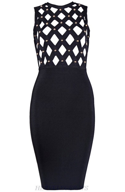 Herve Leger Black Studded Cut Out Dress