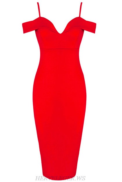 Herve Leger Red Sweetheart Bardot Strap Dress
