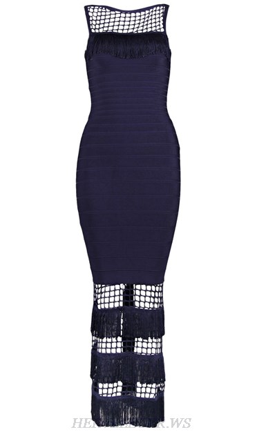 Herve Leger Navy Blue Tassel Detail Dress