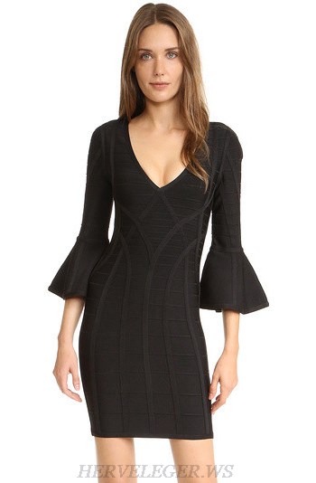 Herve Leger Black Trumpet Sleeve Dress