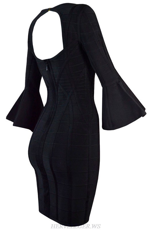 Herve Leger Black Trumpet Sleeve Dress