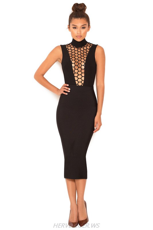 Herve Leger Black Crochet V Neck Dress