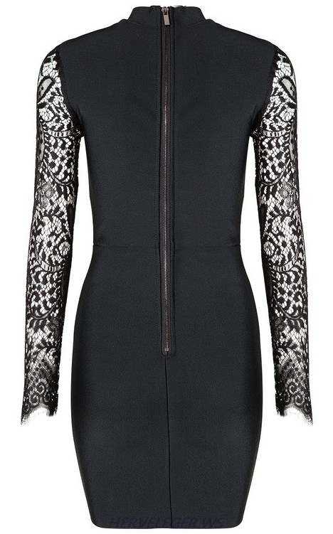Herve Leger Black Lace Long Sleeve Dress